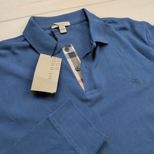 NEW Burberry Brit Pique Polo Shirt Mens XL Blue Classic Nova Check Long Sleeve
